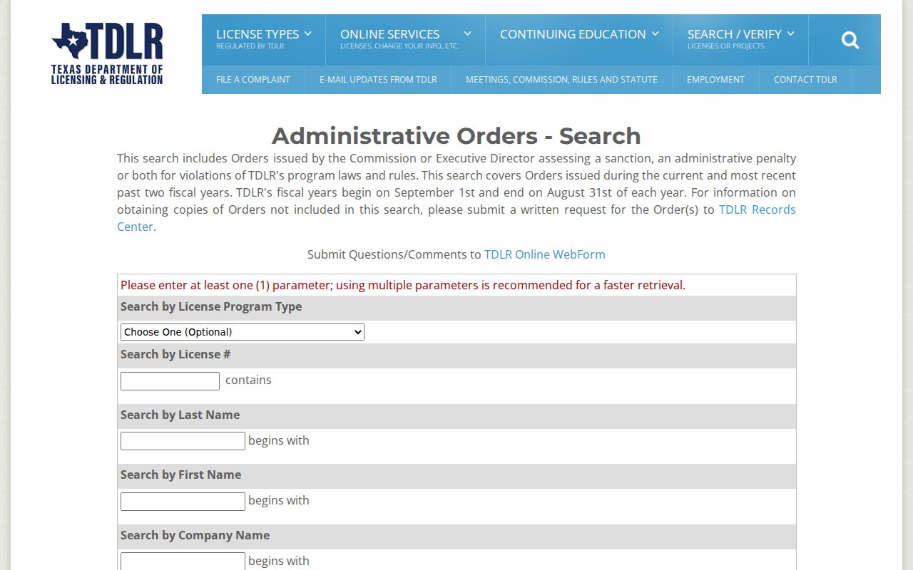 Denton resident lookup using Texas TDLR administrative orders search fields